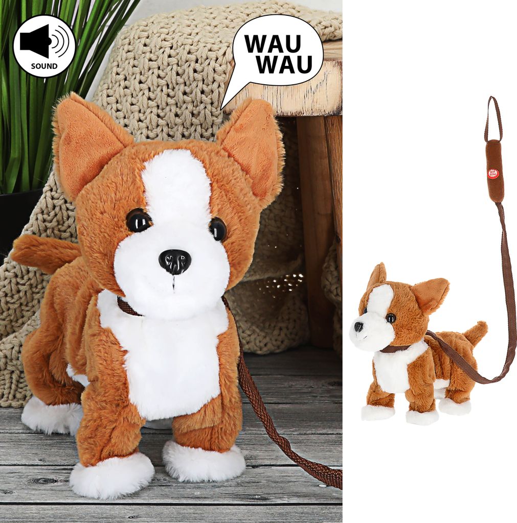 Laufender Corgi mit Leine und Sound 30x26x19cm Polyester batteriebetrieben Stofftier Hund Kuscheltier