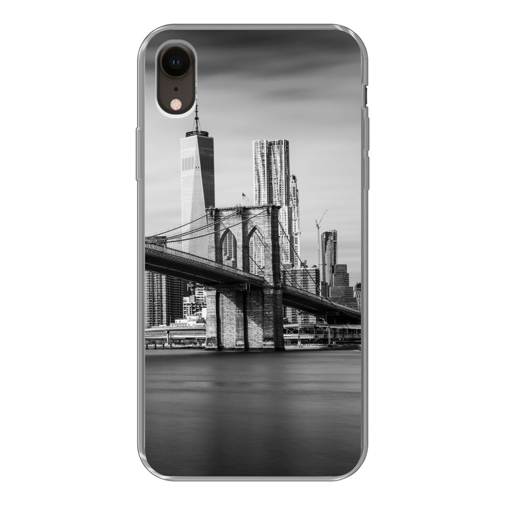 MuchoWow Handyhülle Schutzhülle Hülle für iPhone XR Architektur - New York - Brooklyn Bridge - Wasser - Schwarz und weiß Silikon Softcase Ha...