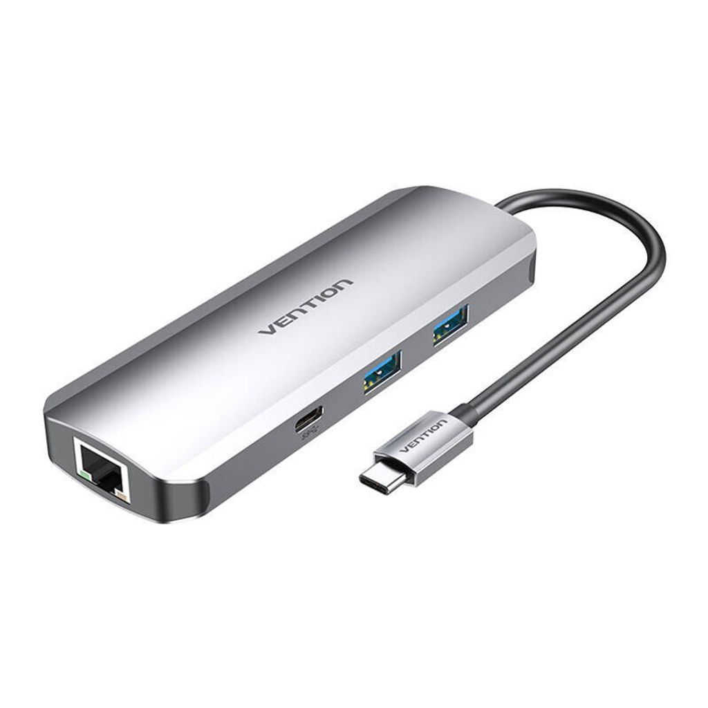 Vention TOMHB Dockingstation, USB-C zu HDMI, USB-C, 2x USB3.0, RJ45, SD, TF, TRRS 3,5 mm, PD, 0,15 m, grau