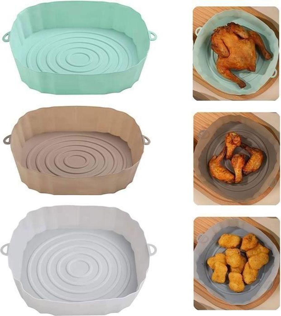 3-teiliges Zubehörset für Heißluftfritteusen (20 cm), Silikon-Heißluftfritteusentopf, wiederverwendbarer Silikon-Heißluftfritteusenkorb