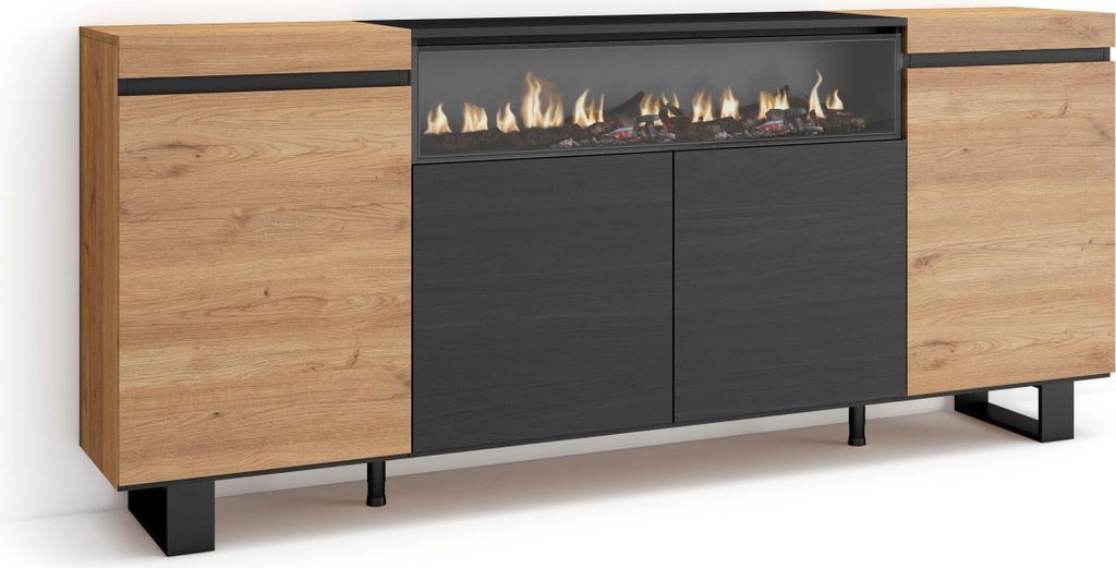 Sideboard, Highboard, 200x35x87cm, 4 Türen, Elektrokamin. Produktbild 