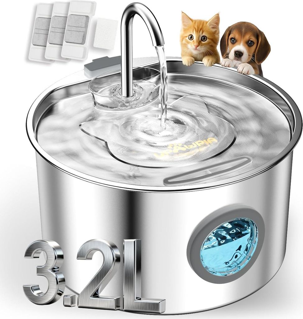 3.2 L Cat Fountain Stainless Steel with 3 Filters Drinking Fountain for Cats with Water Level Window Ultra Quiet Water Fountain for Cats Cat Water ...