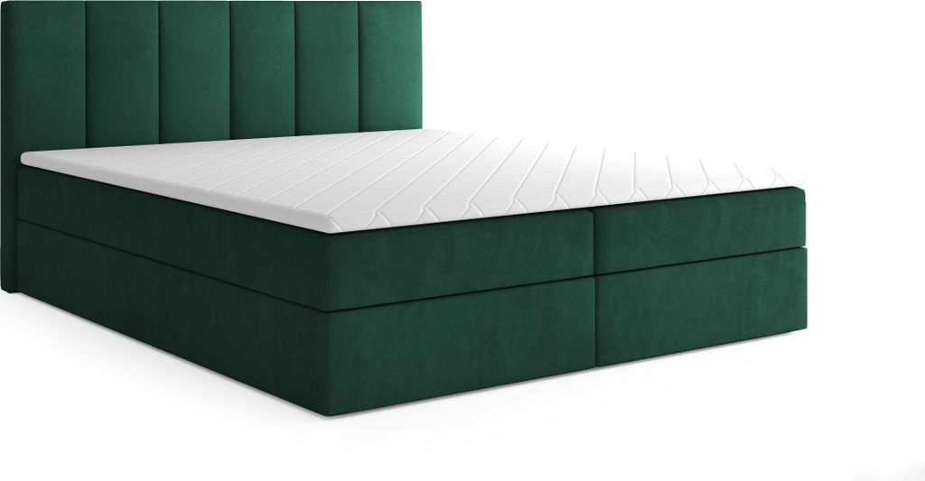 MYSEN Boxspringbett 140x200 Lopez mit Bettkästen mit Matratze (14 cm) mit Topper (4 cm) Komplett-Set Polsterbett Bonell H3 Dunkelgrün