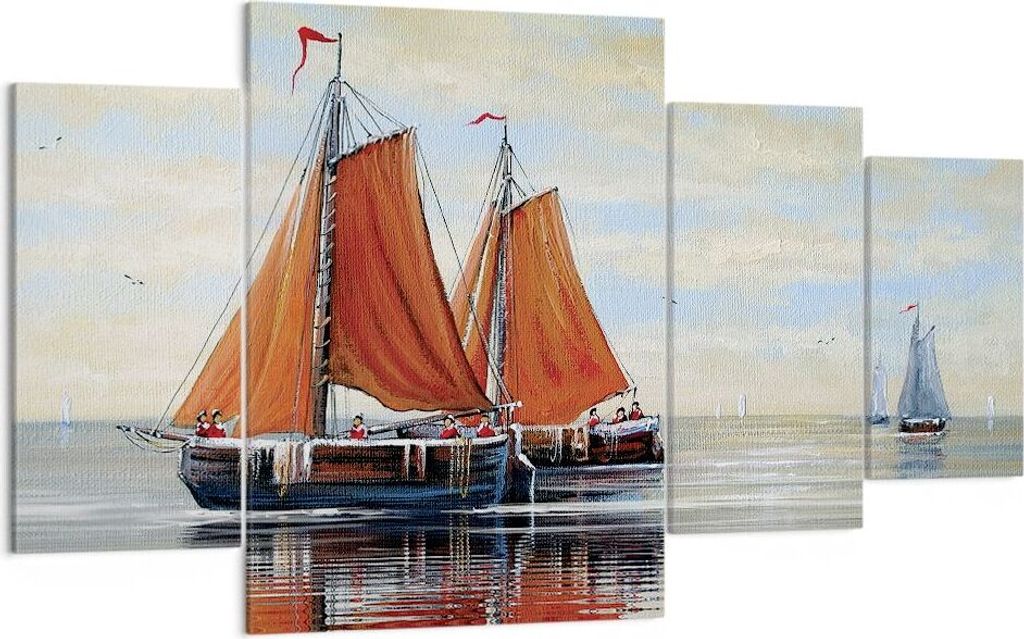 Bild auf Leinwand - Leinwandbild - 4 Teile - Segelschiffe Öl Orange - 160x90cm - Wand Bild - Wanddeko - Wandbilder - Leinwanddruck - Bilder - Wand...