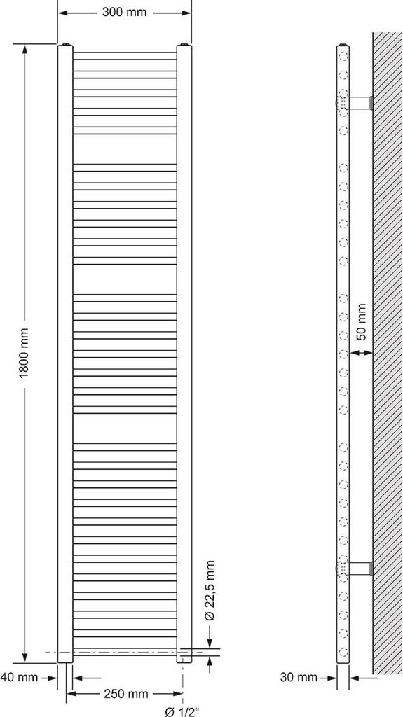 LuxeBath Badheizkörper Sahara, 300x1800 mm, Weiß, gerade Produktbild 