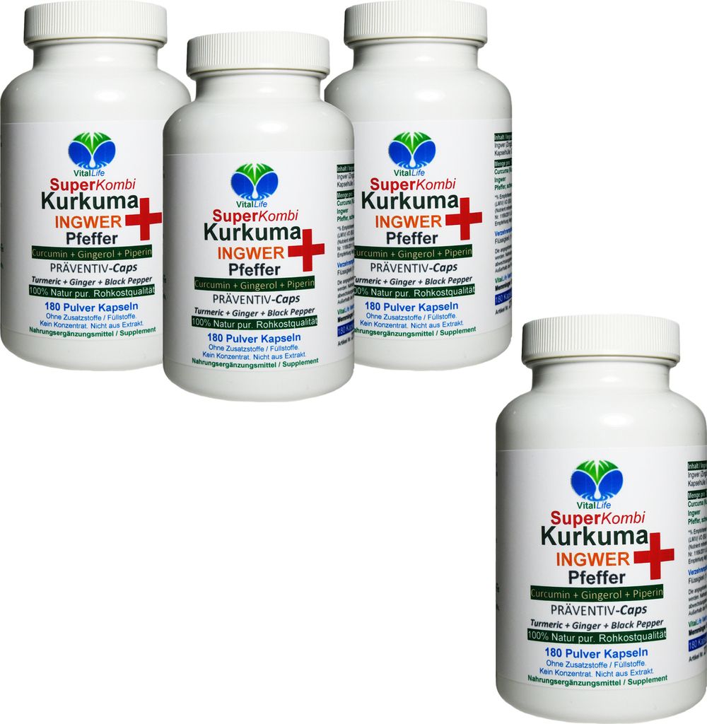 SuperKombi Kurkuma, Ingwer + Pfeffer 720 (4x180) Pulver Kapseln Curcumin & Gingerol & Piperin NATUR Pur - OHNE Zusatzstoffe.