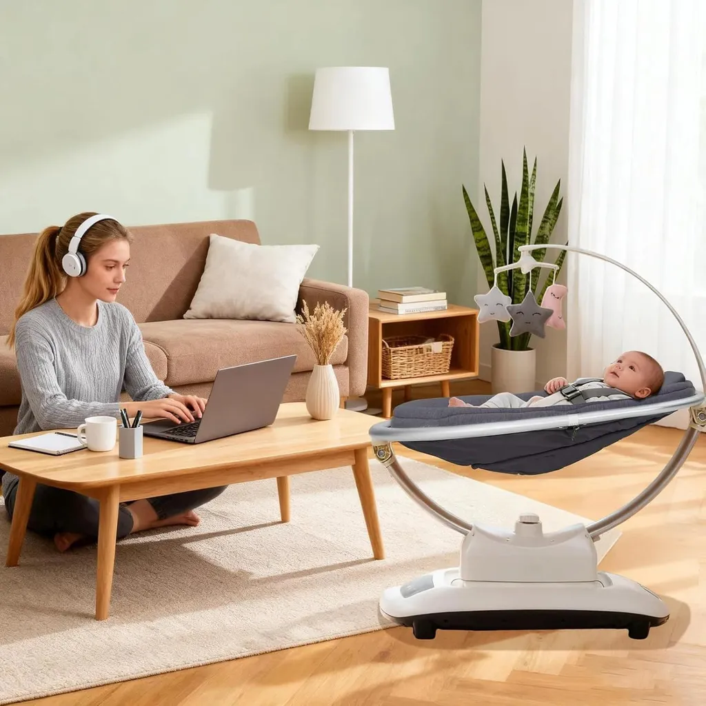 Transat électrique bébé gris foncé - Balançoire 5D avec télécommande - 6