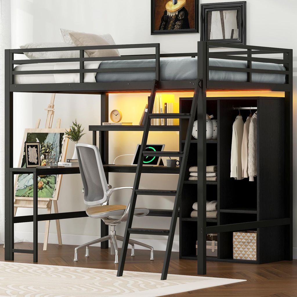 Merax Etagenbett Kinderbett 140x200 cm, mit USB, LED, Metall Hochbett mit Treppe, Schreibtisch, Regal, Offen Kleiderschrank, Stockbett, Schwarz