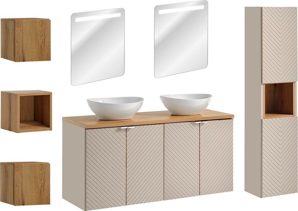 Set aus Doppelwaschtisch 120cm 4 Türen LED-Spiegel Säule und 3 Wandschränke Manoa Kaschmir und Holz