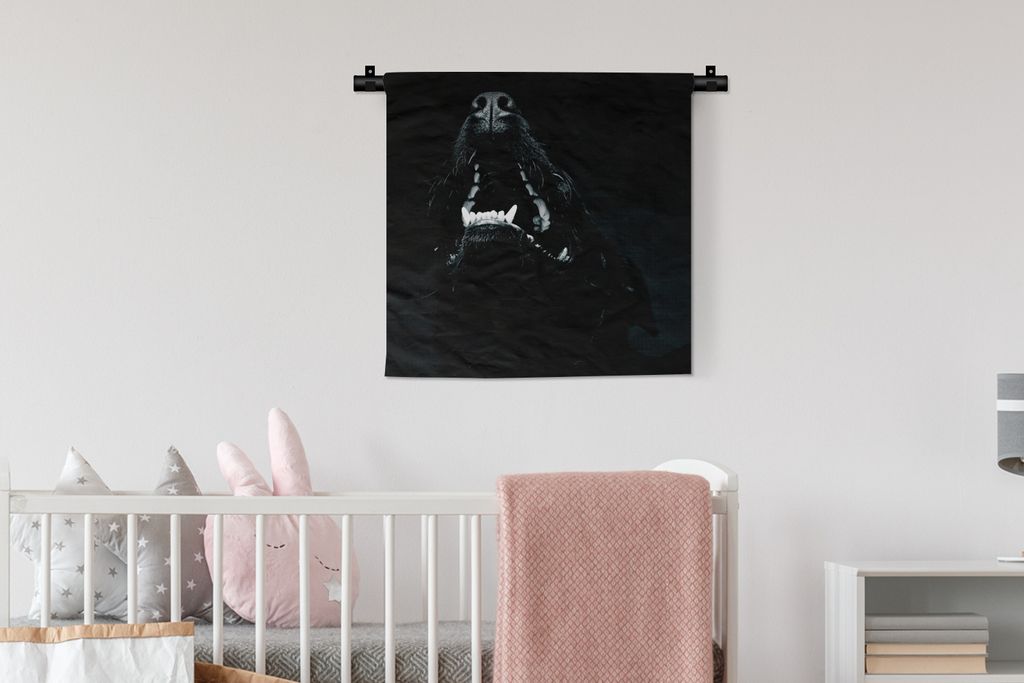 MuchoWow Wandteppich Wandbehang Tierprofil Hund mit offenem Maul in schwarz und weiß 60x60 cm Tapisserie Dekoration Wandtuch - Dekorationen - Wa...