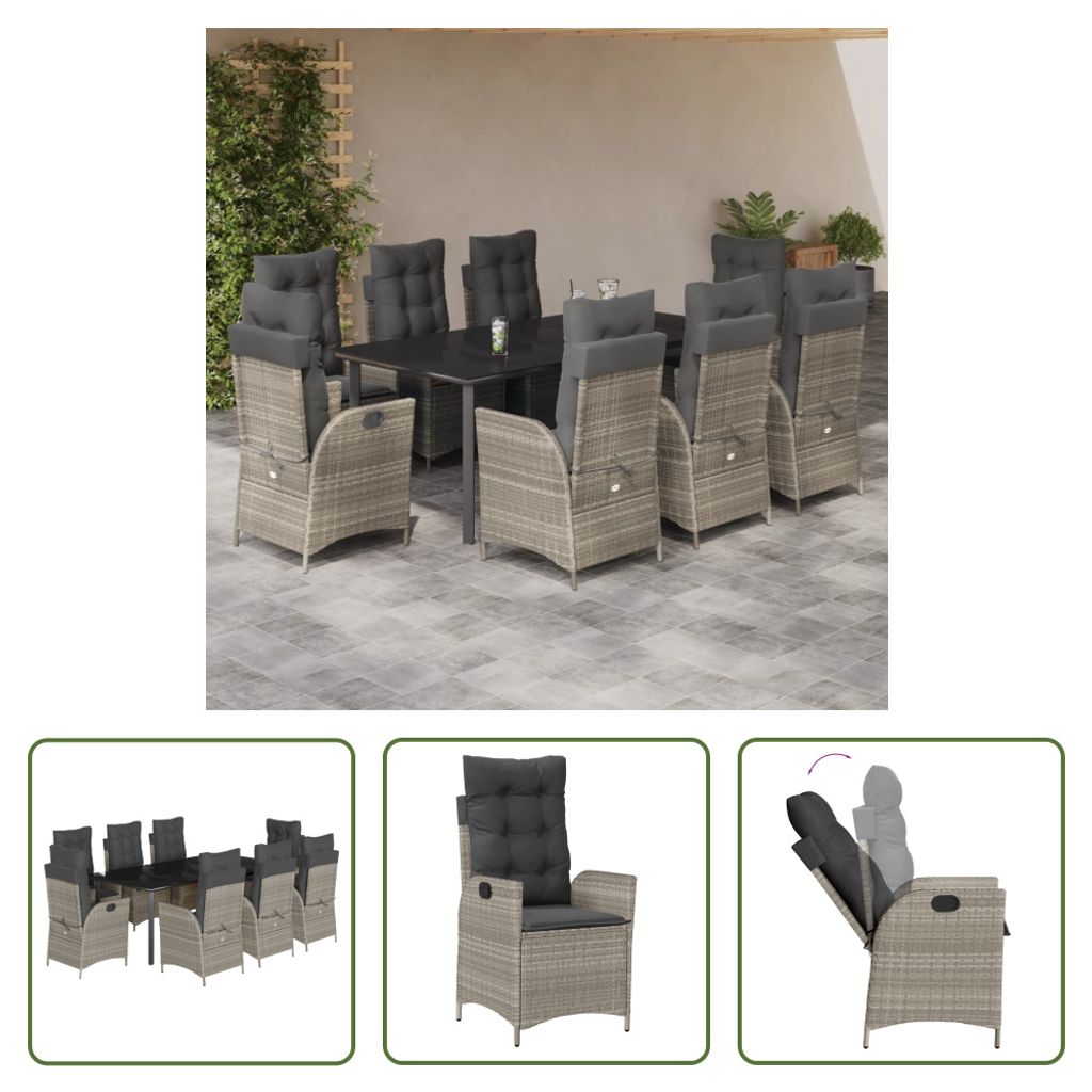 The Living Store 9-tlg. Garten-Essgruppe mit Kissen Hellgrau Poly Rattan