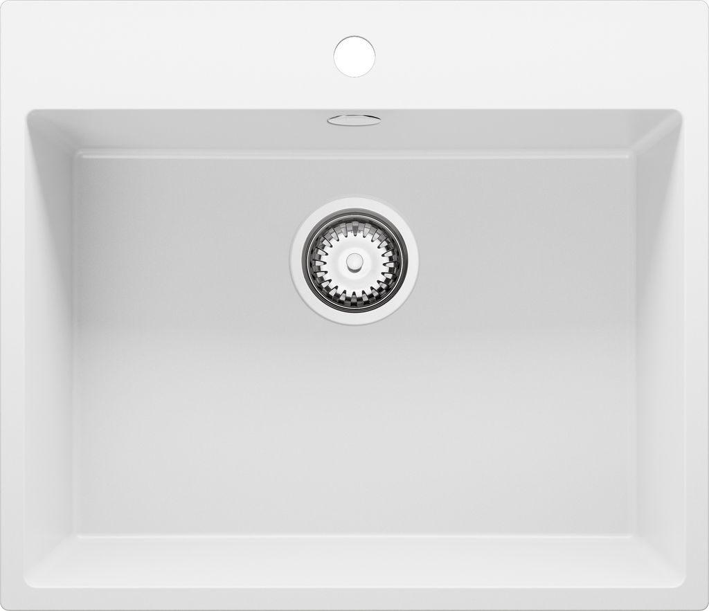 PRIMAGRAN Spülbecken Weiß 58x50cm, Granitspüle 1 Becken + Ablauf-Set, Küchenspüle ab 60er Unterschrank - Riga