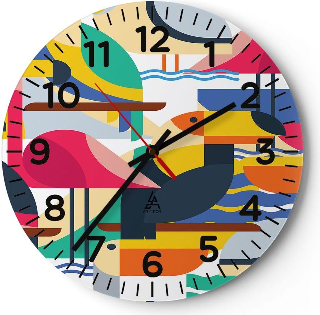 Wanduhr - Rund - Glasuhr - Vogel Abstraktion - 30x30cm - Schleichendes Uhrwerk - Lautlos - zum Aufhängen bereit - Dekoration Modern - Wanddekorati...