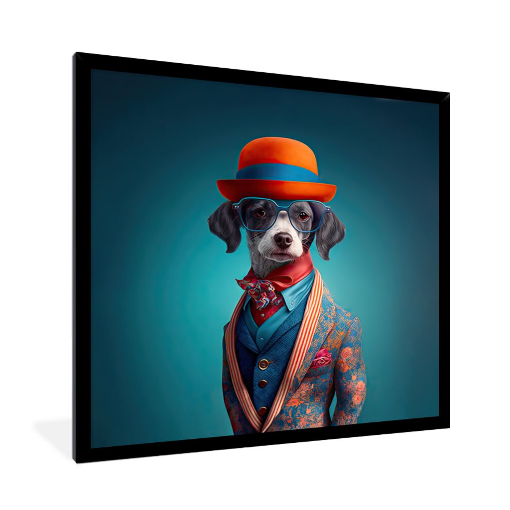 MuchoWow Gerahmtes Poster Hund - Jacke - Blumen - Porträt - Blau 40x40 cm - Poster mit Schwarzem Bilderrahmen Wandposter Rahmen Foto Bilder - Mi...