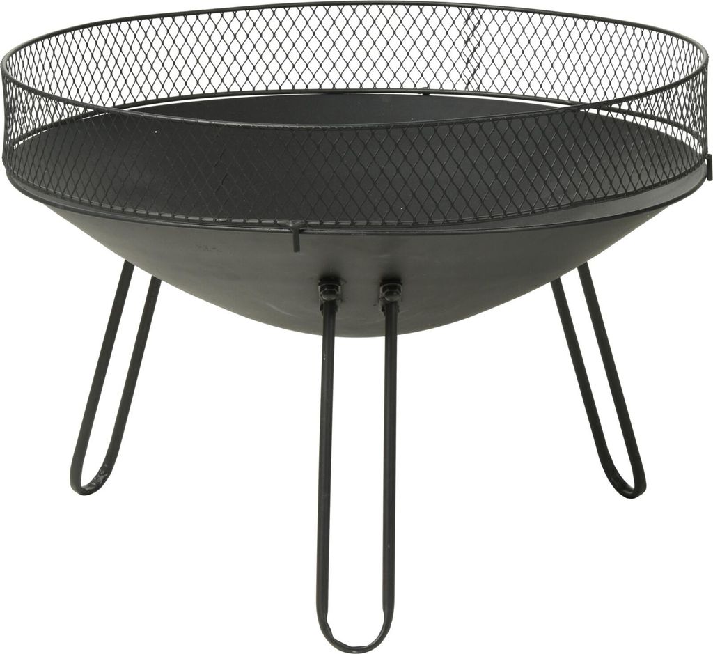 A black metal fire pit with a mesh screen on a white background.
