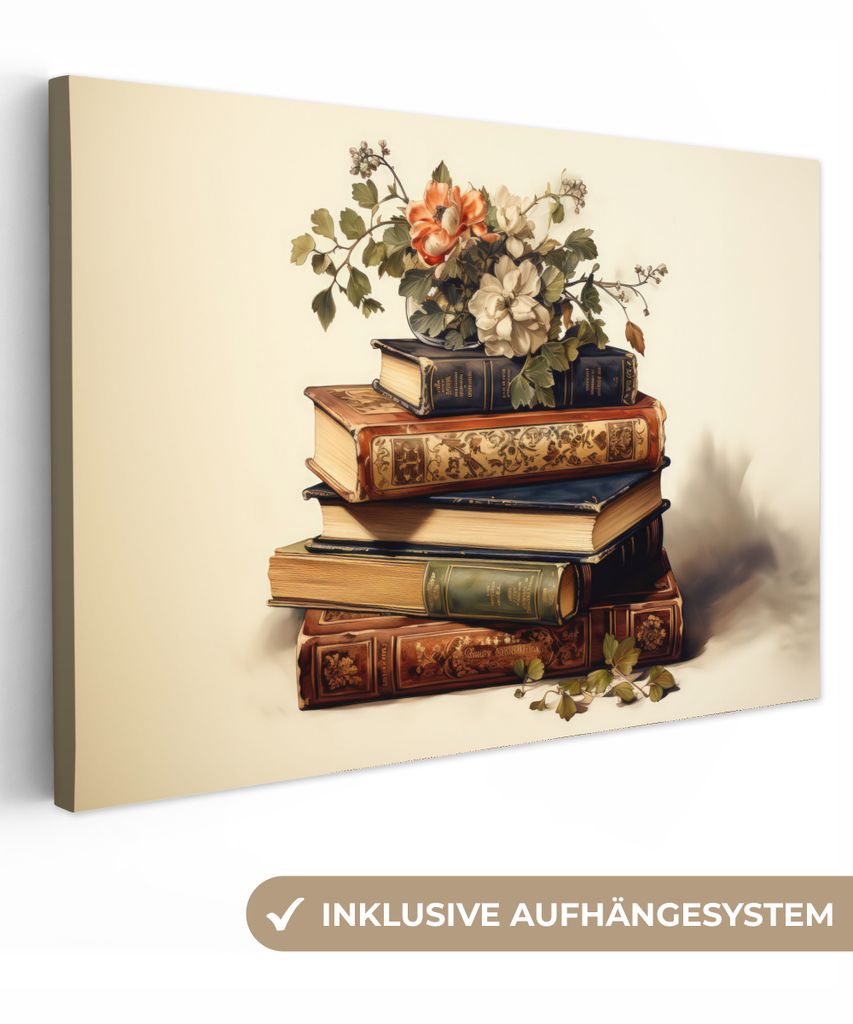 MuchoWow - Leinwandbilder - Vintage - Bücher - Blumen - Weiß, Wandbild, Wanddeko Bilder Wohnzimmer, 60x40 cm