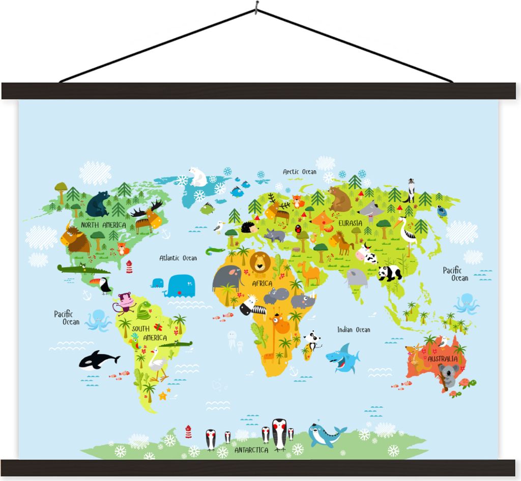 MuchoWow Textilposter Weltkarte Kinder - Illustrationen - Farben 60x45 cm mit schwarzem Rahmen - Poster Schlafzimmer