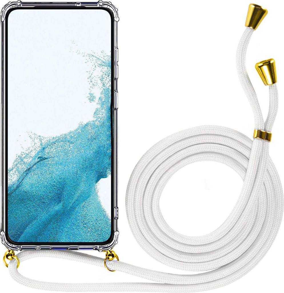 Handykette für iPhone 14 Plus Case zum umhängen Schutzhülle Kordel Handy Hülle, Halsband Weiss-Gold