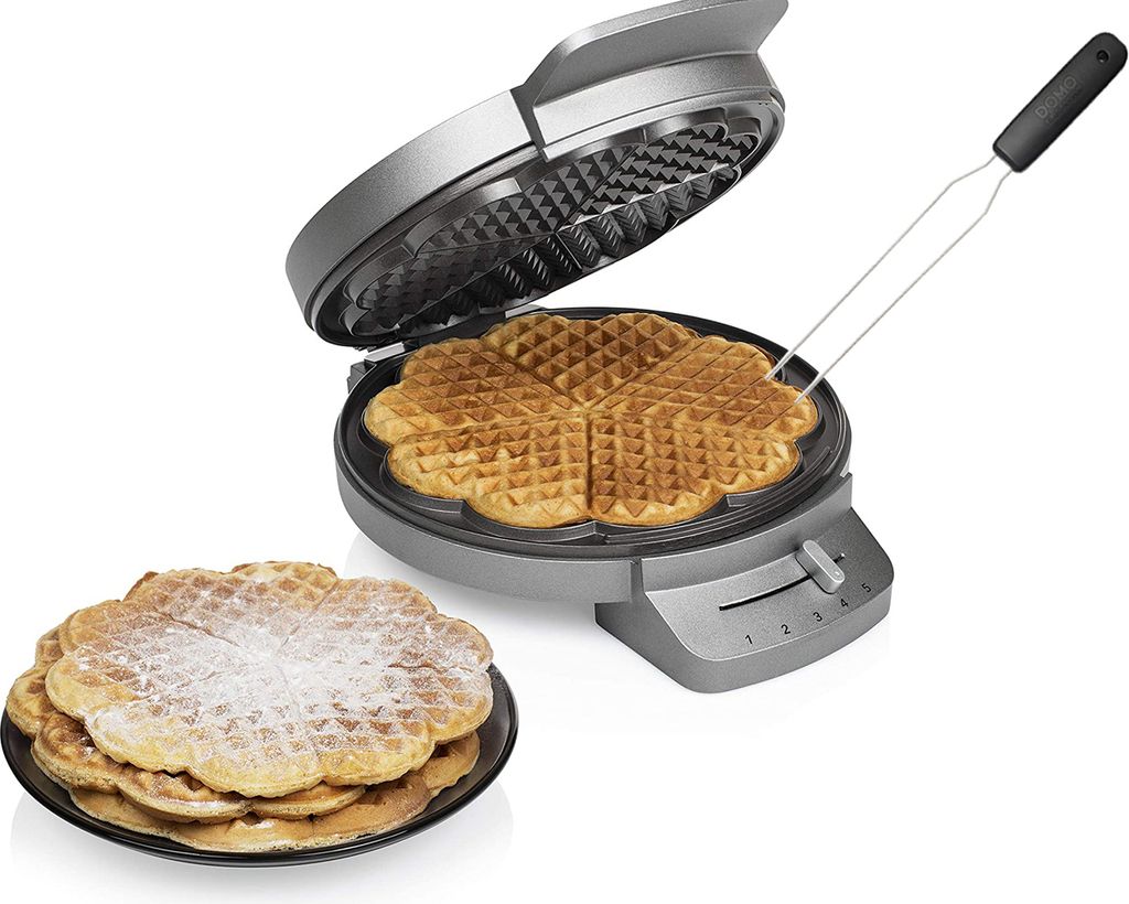 Waffeleisen für 5 dünne herzförmige Herzchen Waffeln Ø20cm 1200Watt, Waffelgabel