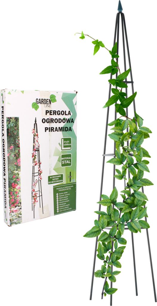 A garden pergola pyramid with a plant growing on it, next to its packaging.