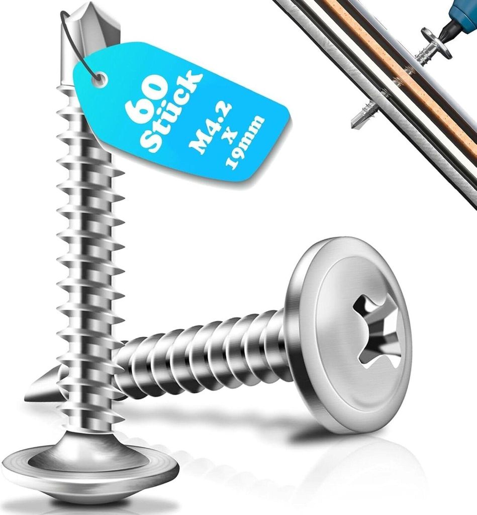 60x 410 Edelstahl Selbstschneidende Schrauben M4.2x19mm Blechschrauben Selbstbohrend für Metall & Stahl Rostfreie Bohrschrauben für Blech Univers...