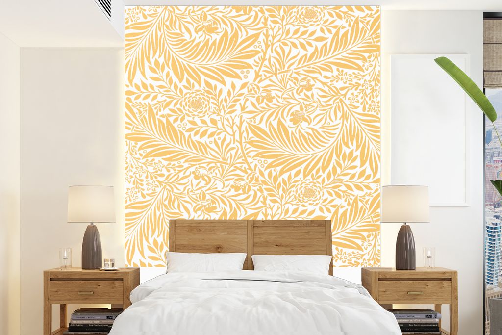 MuchoWow Fototapete für Wohnzimmer oder Schlafzimmer Wandtapete Vinyl Motivtapete William Morris - Gelb - Blätter - Muster - Kunst - 205x280 cm...