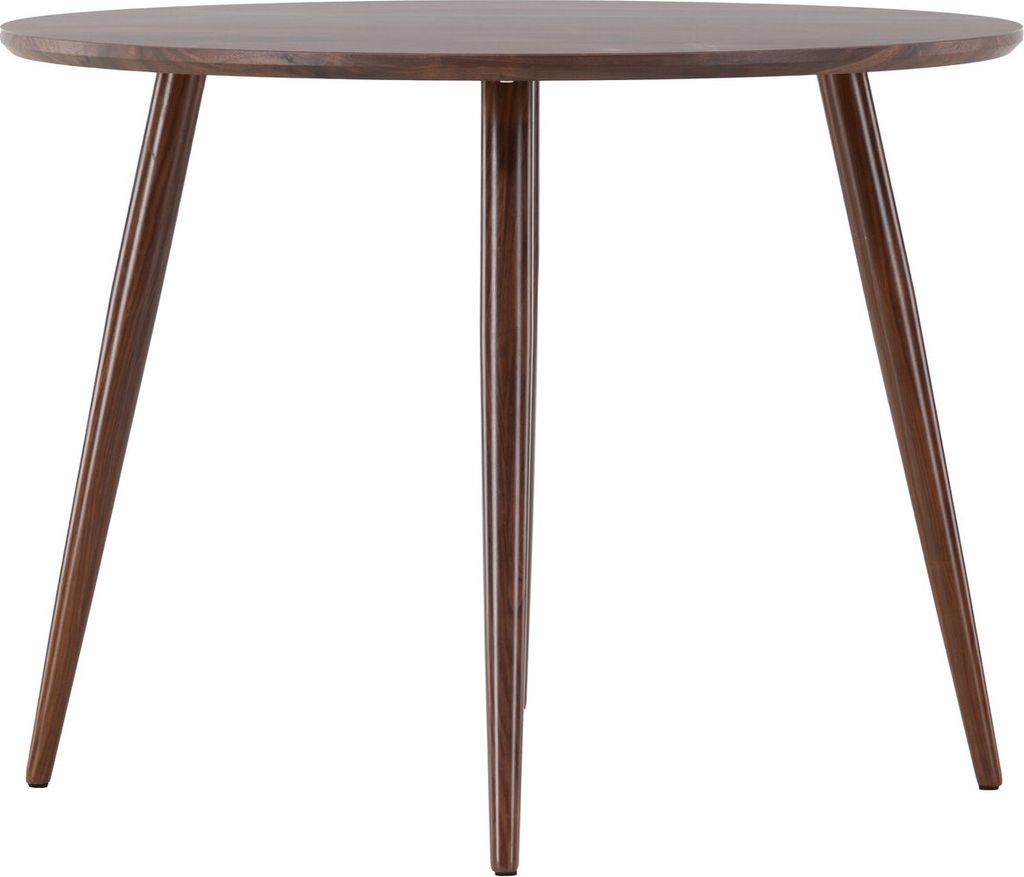 A dark brown, round dining table with three tapered legs, photographed from a front-facing angle against a white background.