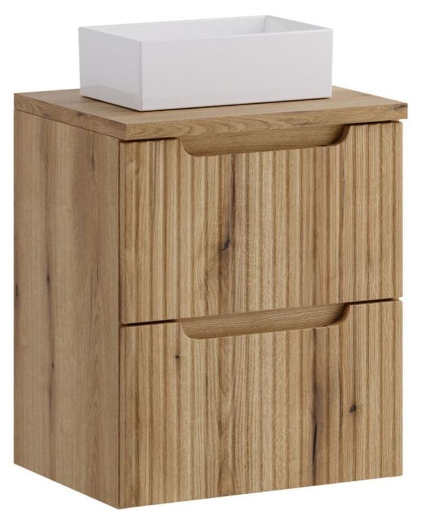 Badezimmer-Set VANO helles Eichenholz 50cm: Unterschrank mit Schubladen + Platte für Waschbecken + rechteckiges Aufsatzwaschbecken