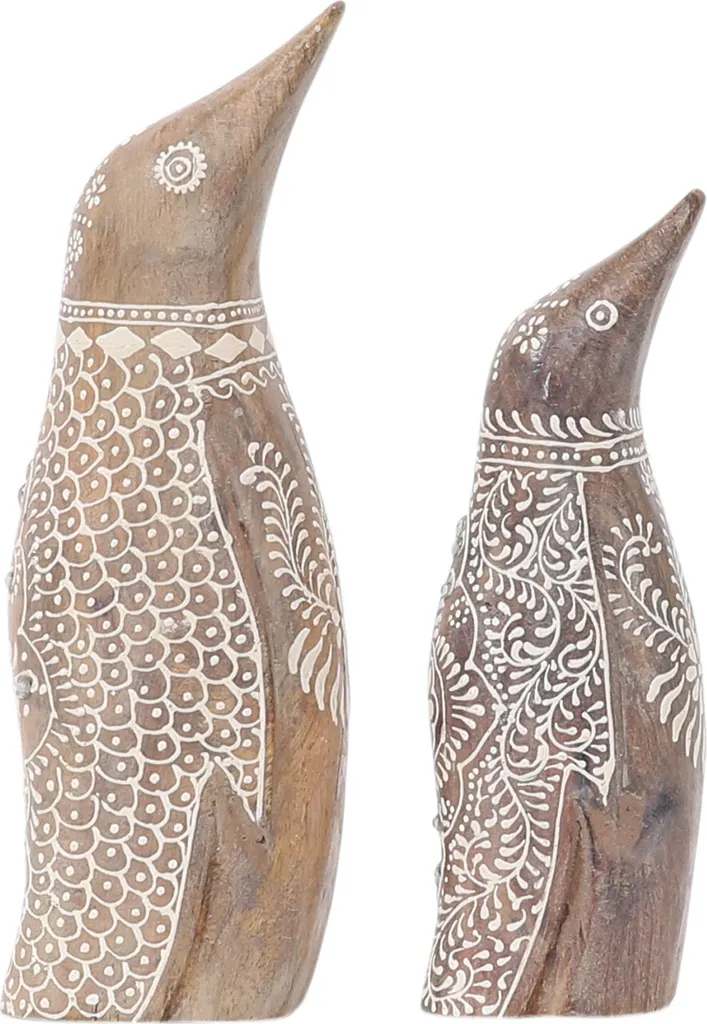 Pingouin Déco Boho en Bois : Set de 2 Pièces Sculptées Finition Naturelle