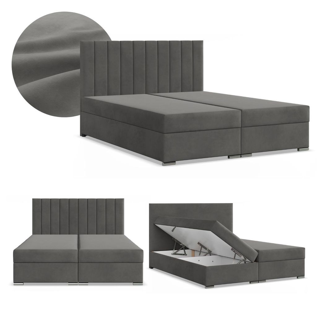 Boxspringbett 160x200 mit 2 Bettkästen Kontinentales Bett Bonell Matratze Polsterbett Doppelbett mit Kopfteil Samtstoff Grau Dunkelgrau AGEN 160 x...