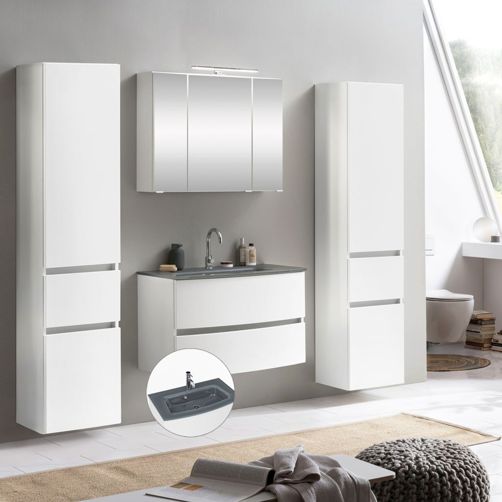 Badmöbel Komplett Set LAURIA-03 in matt weiß mit Glasbecken grau, BxHxT: ca. 200x200x49 cm