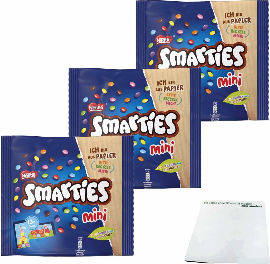 Smarties Minis 3er Pack (3x187g Papier Beutel) + usy Block
