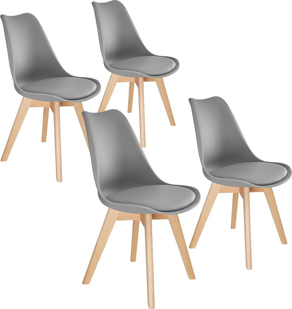 Four gray dining chairs with wooden legs are arranged on a white background.