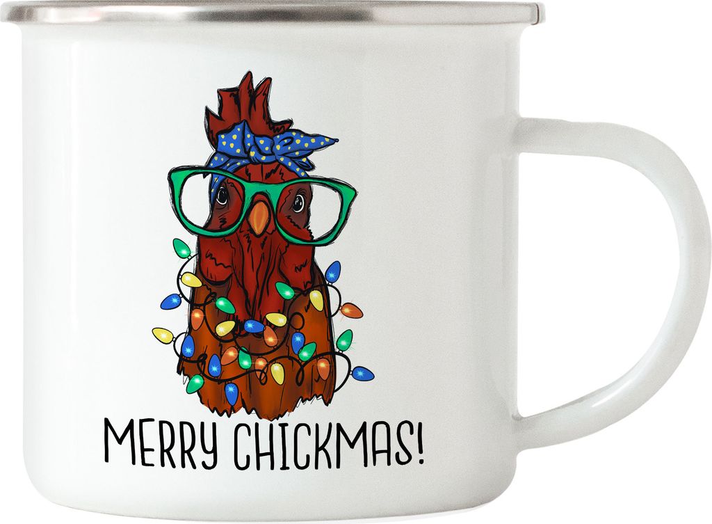 Merry Chickmas Emaille Tasse Truthahn Weihnachtsdekoration Lichterketten Merry Christmas Frohes Weihnachten