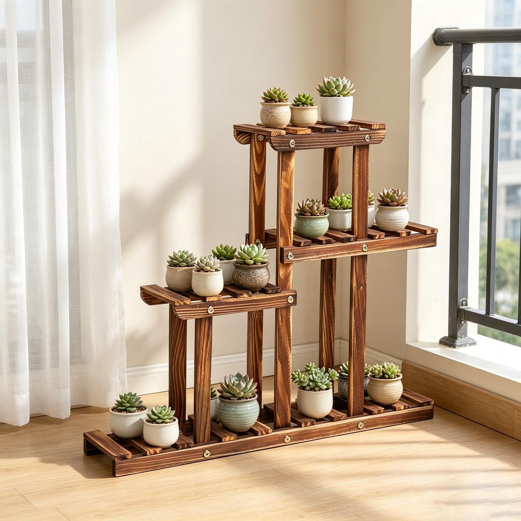 FATIVO Mini Pflanzenregal Holz 4 Ebenen Blumenständer Blumentreppe für Sukkulenten kleine Blumentöpfe Balkon Terrasse Fensterbank 58×11,5×50 cm