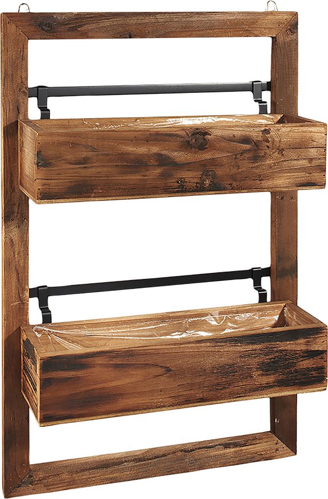 Kobolo Wanddeko Übertopf aus Holz mit schwarzem Metall - zwei Pflanzkästen - Wanddekoration Pflanzkorb Blumentopf Korb Gartendeko Blumenkorb Deko