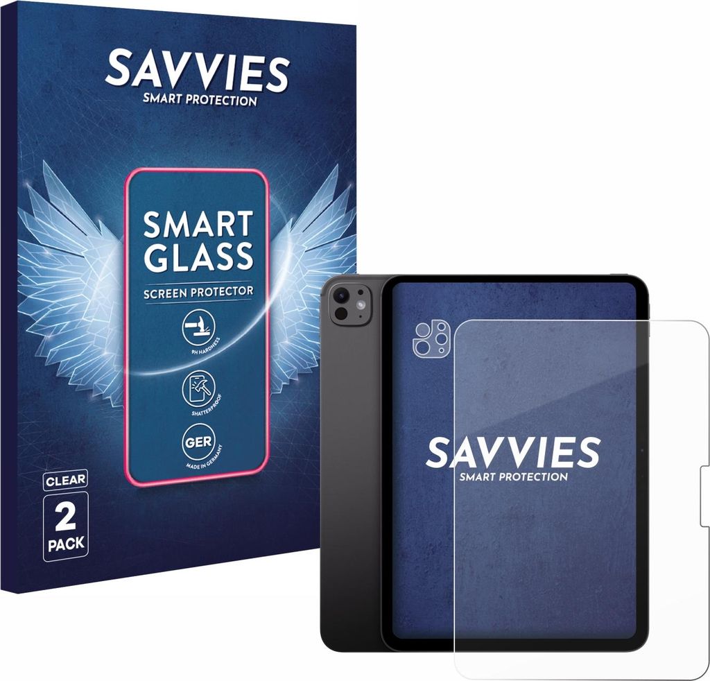 2x Savvies Schutzglas Folie für Apple iPad Pro 11" 2024 (Display+Kamera) 9H Panzer Schutzfolie Glas Displayschutz klar transparent