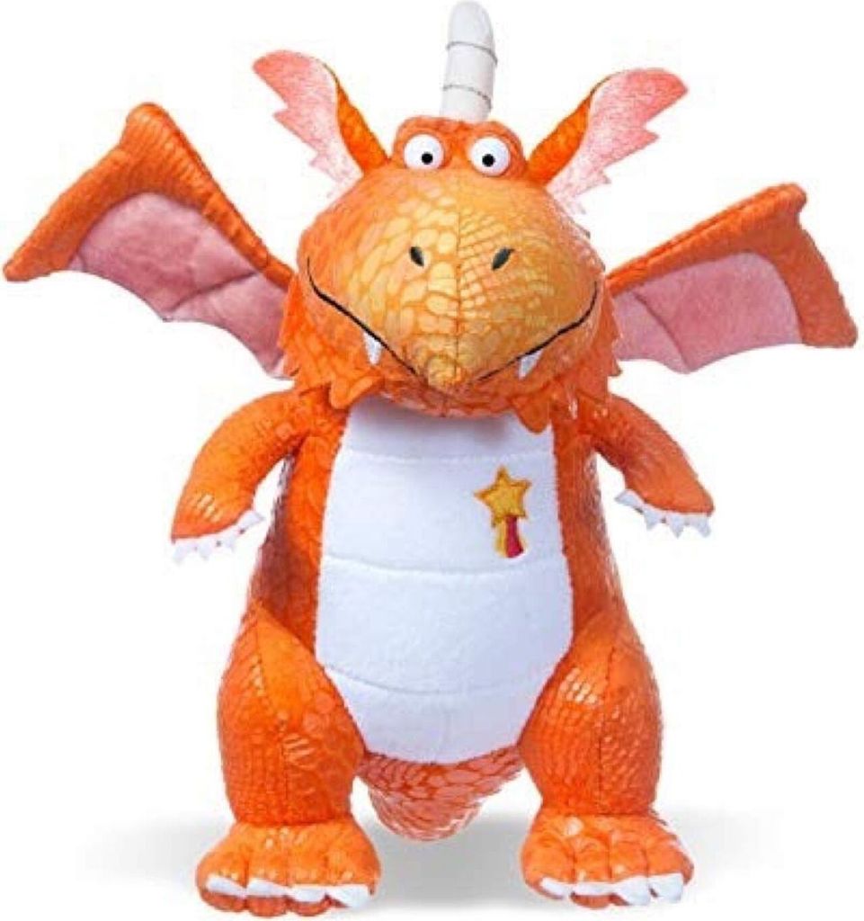 A stuffed toy dragon is shown standing against a white background.