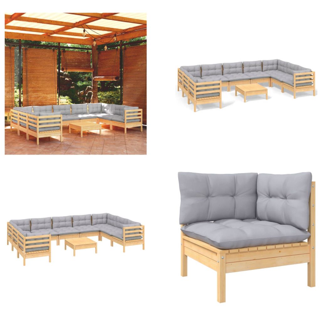vidaXL 10 tlg. Garten Lounge Set mit Grauen Kissen Kiefernholz - Garten-Lounge-Set - Garten-Lounge-Sets - Gartenmöbel-Set - Gartenmöbel-Sets