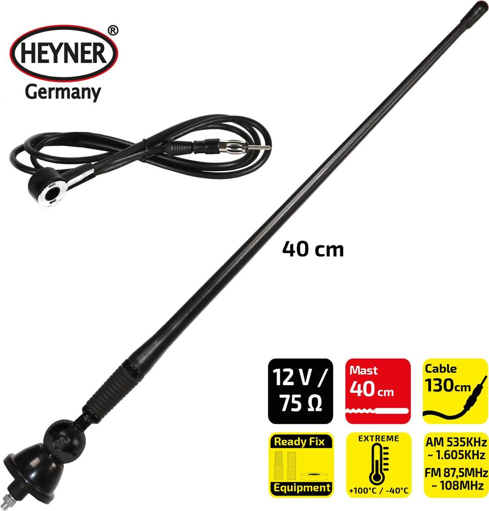 HEYNER Autoantenne 40 cm flexibel Dachantenne - Antenne Flex 12 V FM / AM-Antenne Stabantenne für Radio passend für Mercedes-Benz VW Audi BMW etc.