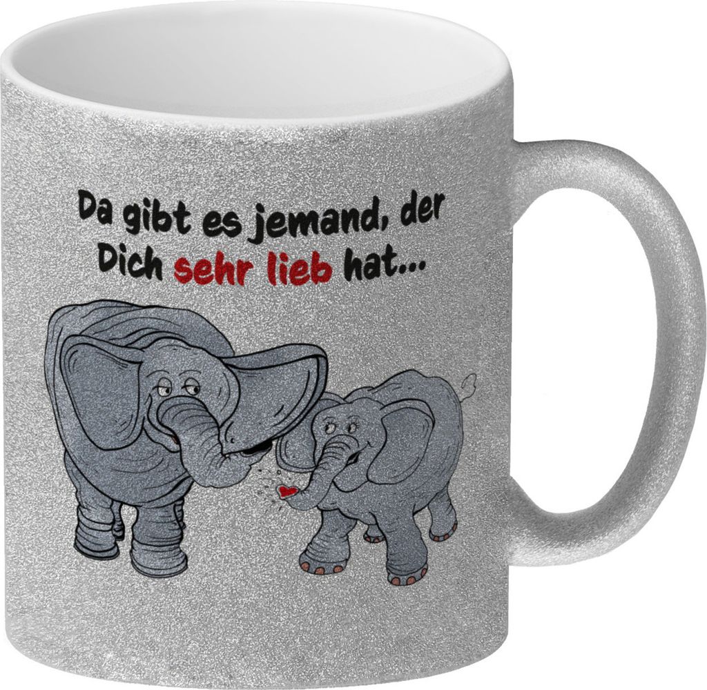 Glitzer-Kaffeebecher zum Thema Liebe mit Elefanten Motiv