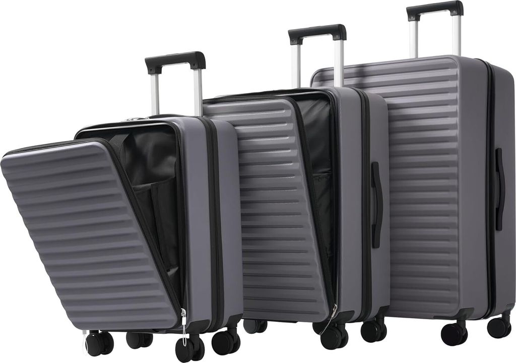 3tlg. Hartschalenkofferset, Gepäckset, Rollkoffer, Front-Öffnungs-Design, Klappbare Getränkehalter, TSA-Schloss, 360°-Rollen, M-L-XL Reisekoffe...