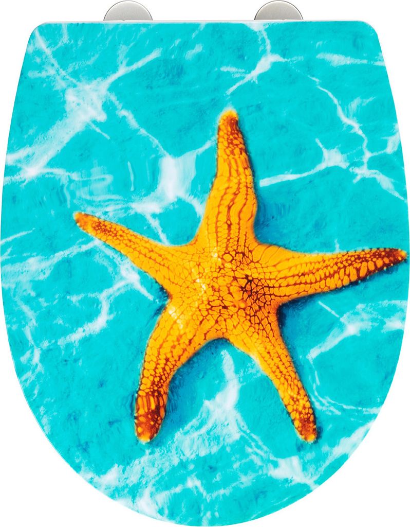 A toilet seat with a starfish design on a blue water background.
