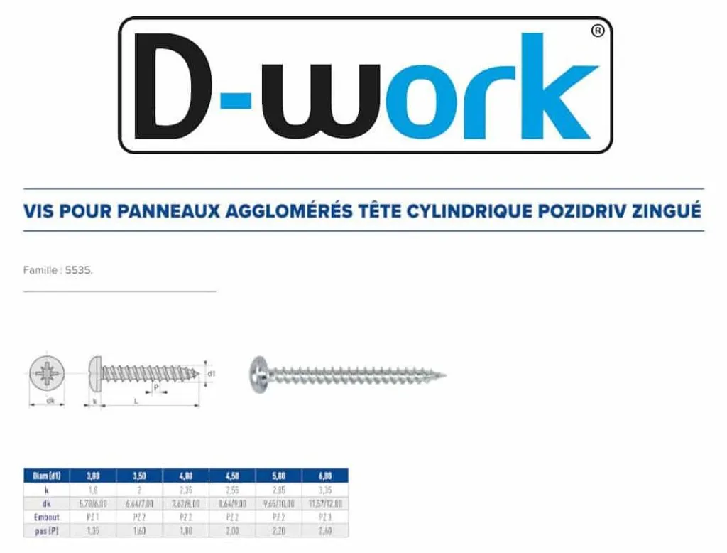 Vis bois anti-dérapage Pozidriv 5x30 mm tête cylindrique zingué blanc D-Work