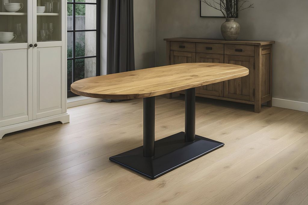 Bistrotisch massiv Akazie naturfarben oval 140 x 60 cm Doppelsäulengestell schwarz EMILIAN