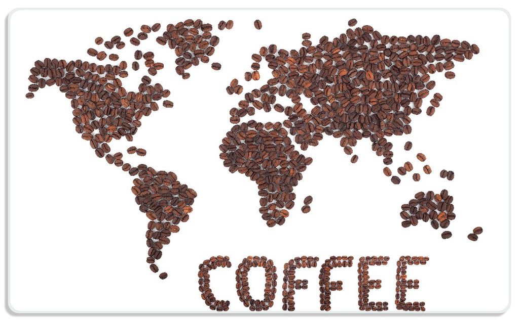 Wallario Frühstücksbrettchen aus Glas, je 14 x 23 cm, mit rutschfesten Füßen, Motiv Weltkarte mit Schriftzug aus Kaffeebohnen
