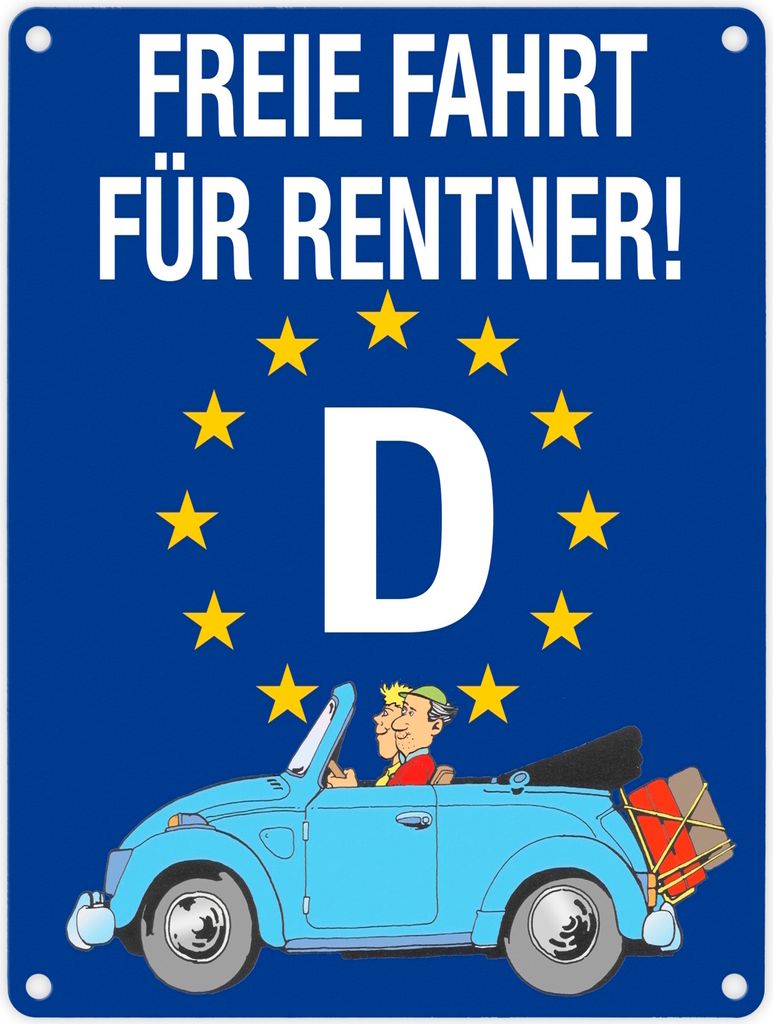 Freie Fahrt für Rentner Metallschild in 15x20 cm mit Oldtimer Motiv