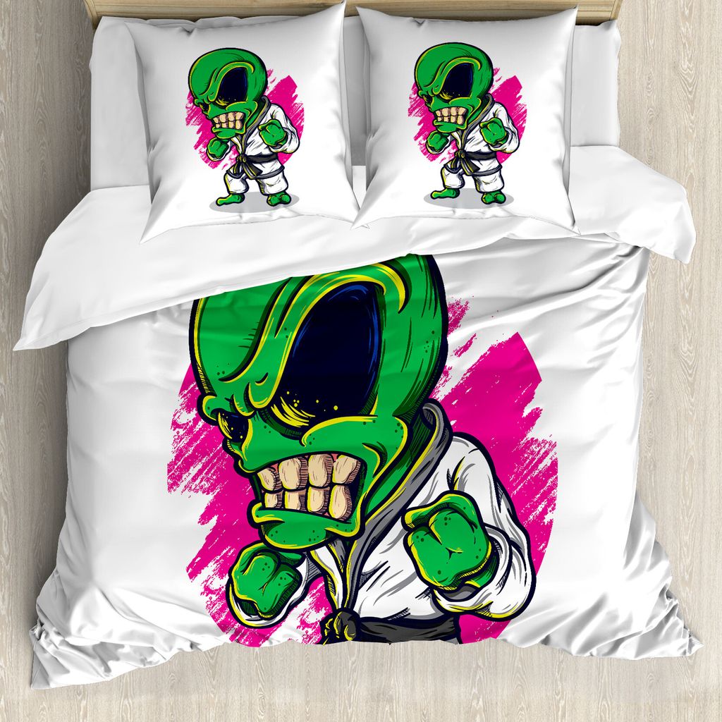 ABAKUHAUS Weltraum Bettbezug, Verärgerte Alien Karate-Kunst, Milbensicher Allergiker geeignet mit Kissenbezügen, 200 cm x 200 cm - 80 x 80 cm, gr...