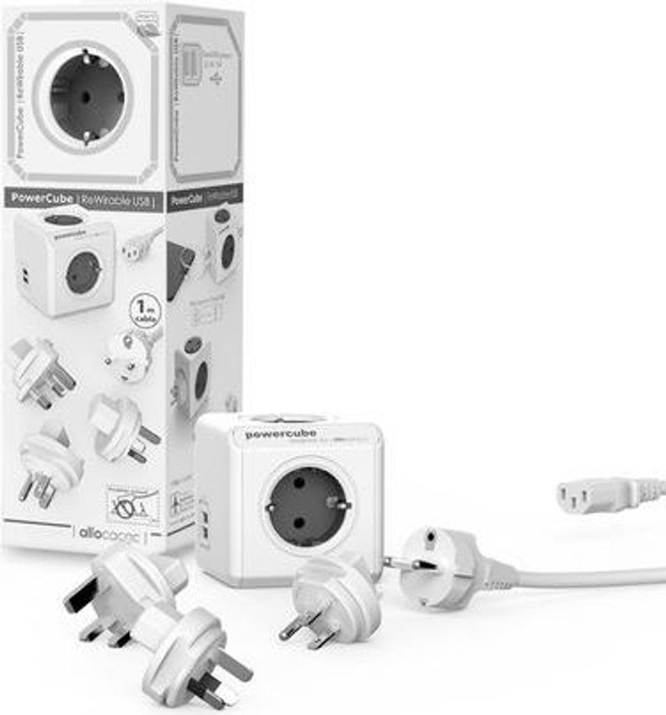 allocacoc PowerCube DuoUSB ReWirable Travel Plugs GRAU + DE Kabel, Reiseadapter & 4x Verteiler mit USB (2,1 A), 230V Schuko