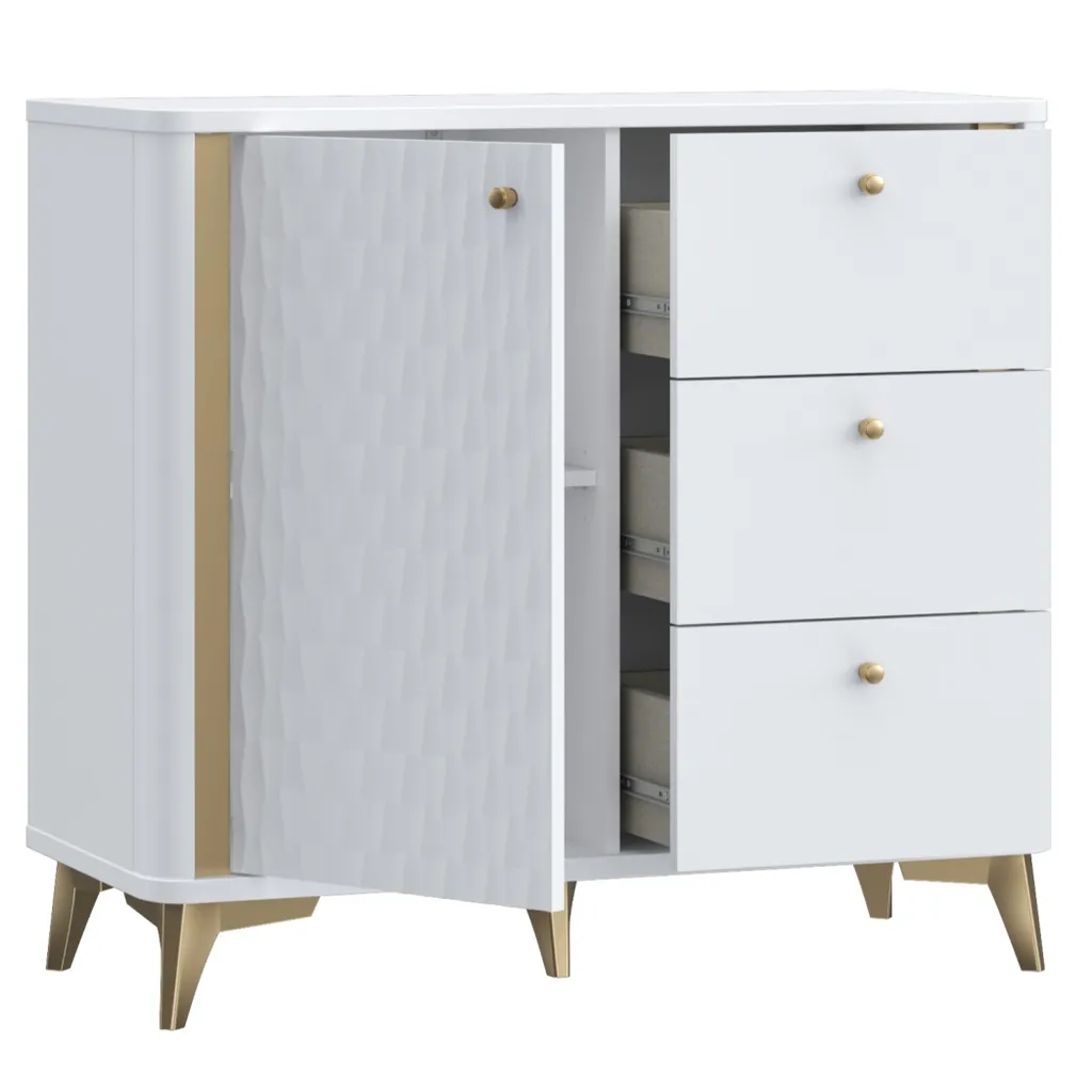 Commode de rangement blanche et dorée 3 tiroirs et porte 87cm haut - 2